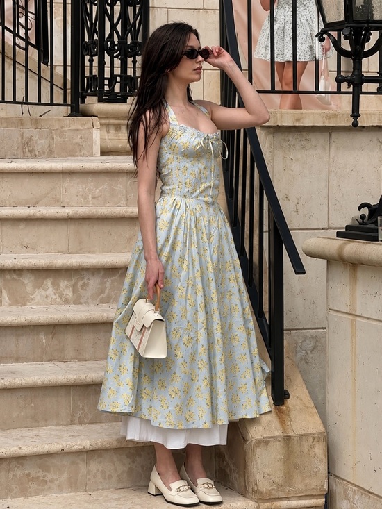 House of CB Dresses & Skirts - 🩷Firm Price🩷Adabella soft blue vintage floral print cotton halter sundress